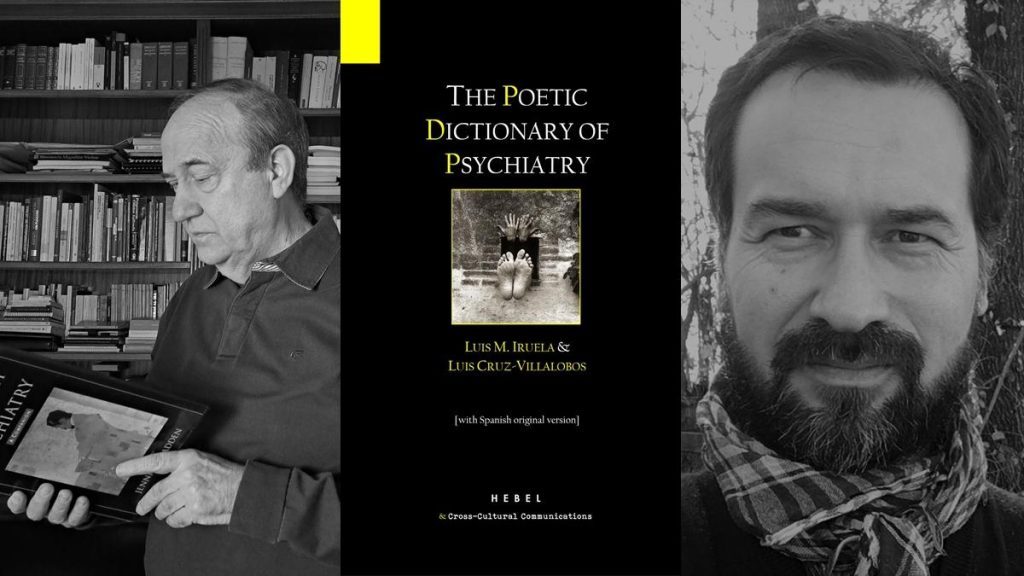 Dos hombres, probablemente escritores o intelectuales, flanqueando portada de libro titulado Diccionario poético