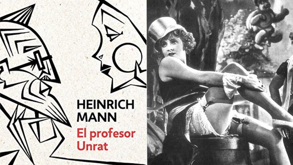 Heinrich Mann junto a un retrato fotográfico; dibujo abstracto geométrico y foto blanco y negro de actor en escena