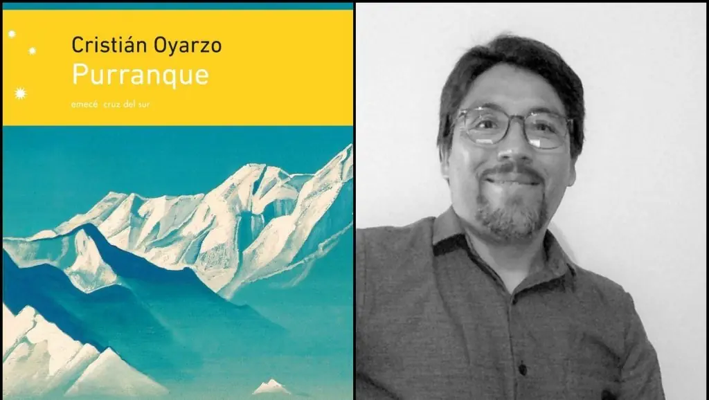 Cristian Oyarce, autor de Purranque, junto a la portada del libro con montaña nevada y cielo turquesa