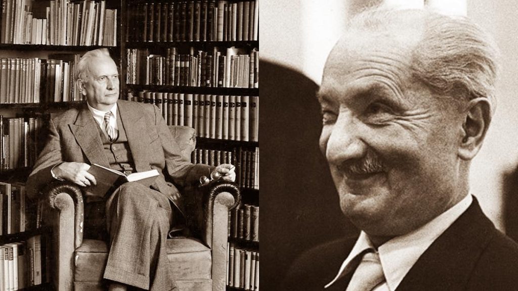 Jasper y Heidegger en biblioteca, uno sentado entre libros, otro de perfil con expresión reflexiva