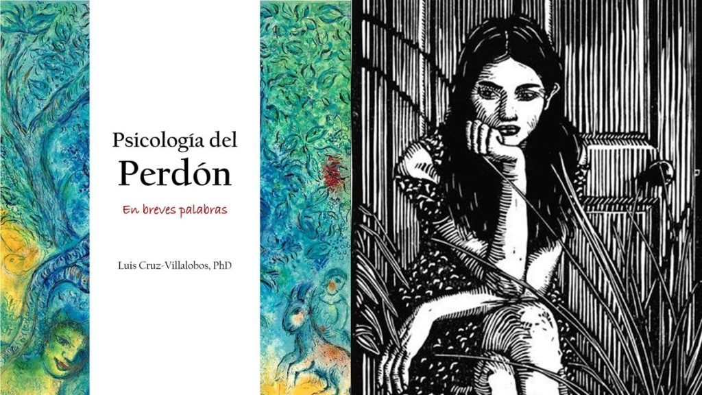 Portada del libro Psicología del Perdón de Jean Monbourquette, junto a ilustración en blanco y negro de mujer reflexiva