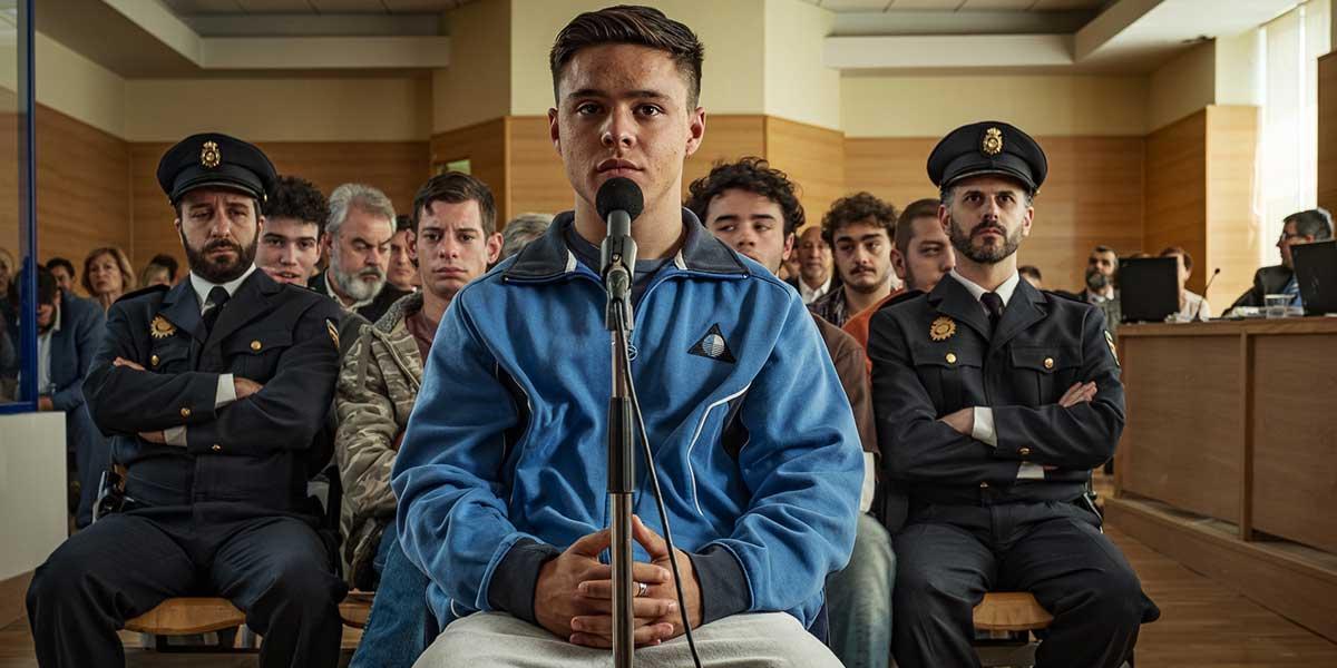 Hombre en chaqueta azul sentado ante micrófono en sala de tribunal rodeado de policías uniformados