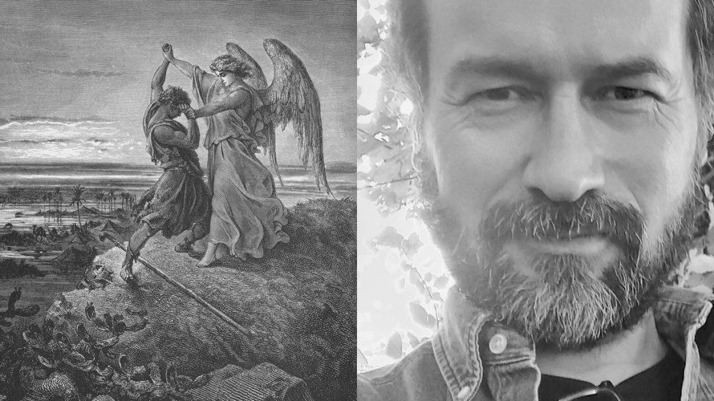 Luis Cruz Villalobos, escritor y crítico literario, junto a una ilustración clásica de un ángel en paisaje nocturno