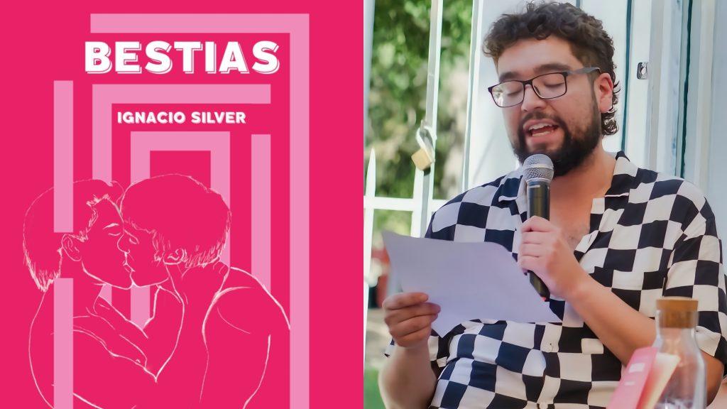 Ignacio Silver sostiene micrófono durante presentación, vistiendo camisa a cuadros blanco y negro, junto a portada rosa