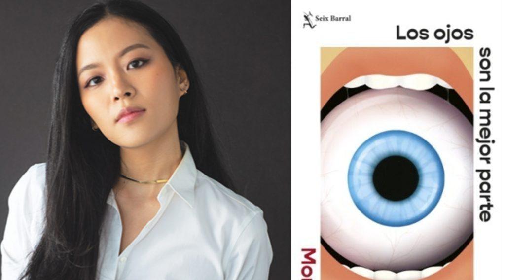 Mujer asiática de cabello largo negro y camisa blanca, junto a ilustración de ojo azul con pupila negra