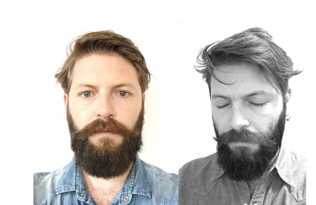 Retrato de poeta con barba, comparación de dos versiones en color y blanco y negro del mismo hombre