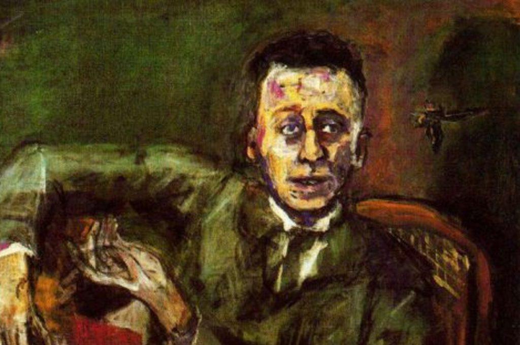 Retrato de Karl Kraus, escritor y crítico austríaco, con expresión seria en tonos ocres y verdes sobre fondo oscuro