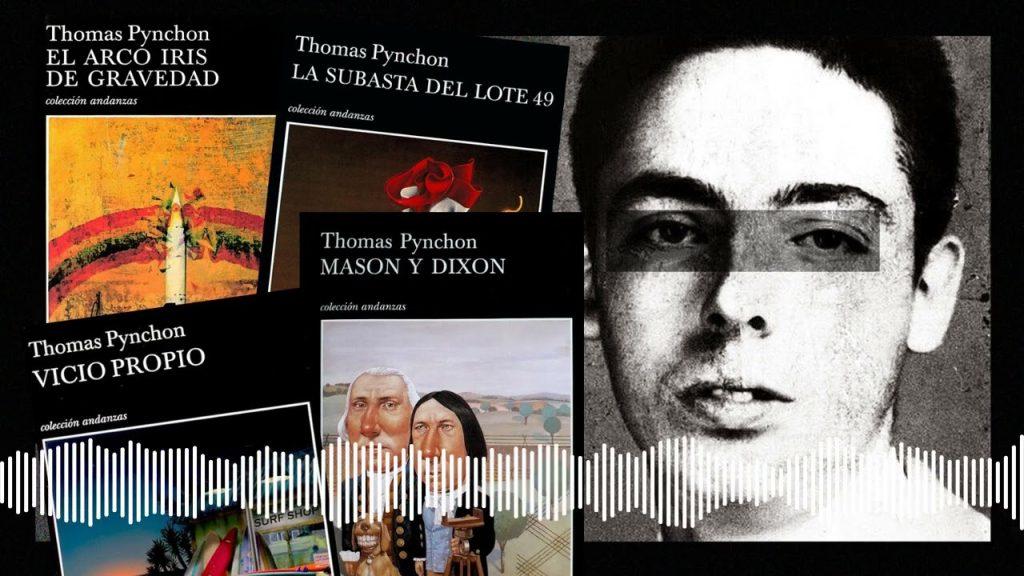 Thomas Pynchon, retrato en blanco y negro junto a portadas de sus novelas La subasta del lote 49 y V