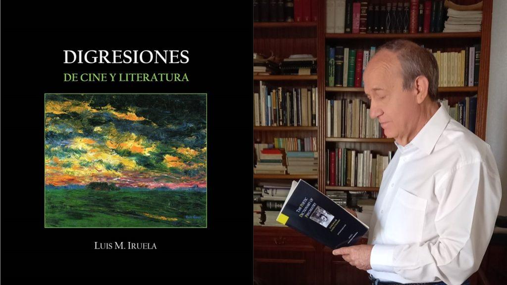 Luis M. Iborra sostiene el libro Digresiones ante una estantería con libros de fondo