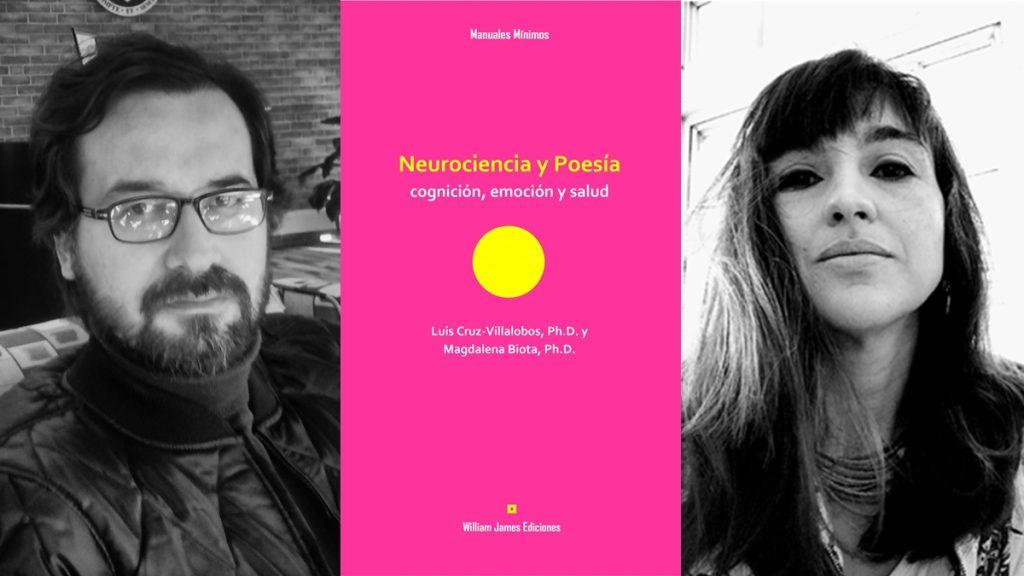 Luis y Magdalena junto a portada rosa de libro Neurociencia y Poesía con subtítulo sobre prosa y poesía