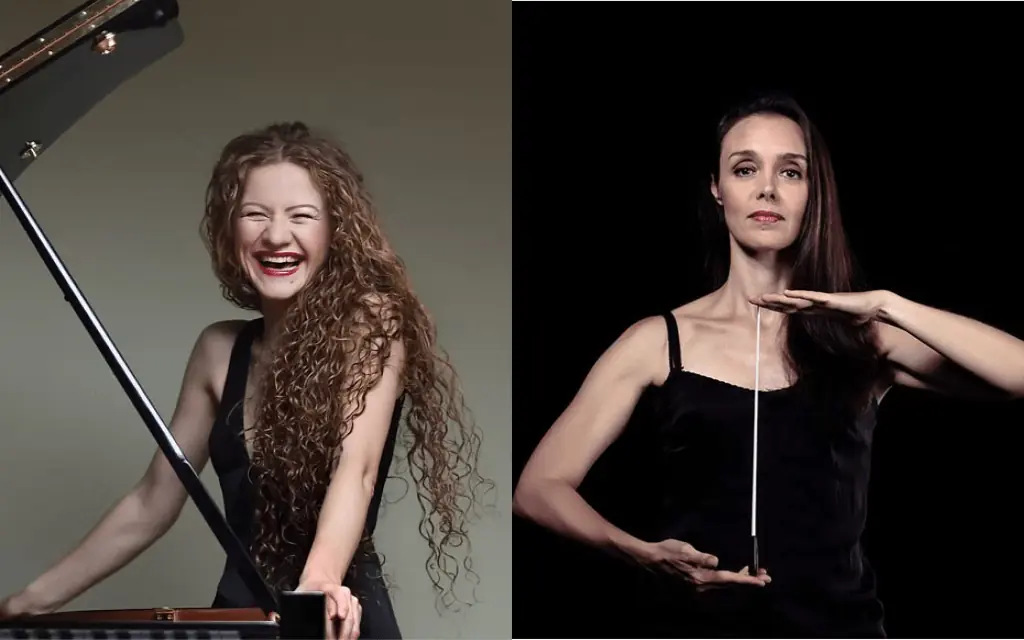Dos músicas jóvenes: una con cabello rizado largo sostiene un arco de violín; otra de cabello liso posa en negro