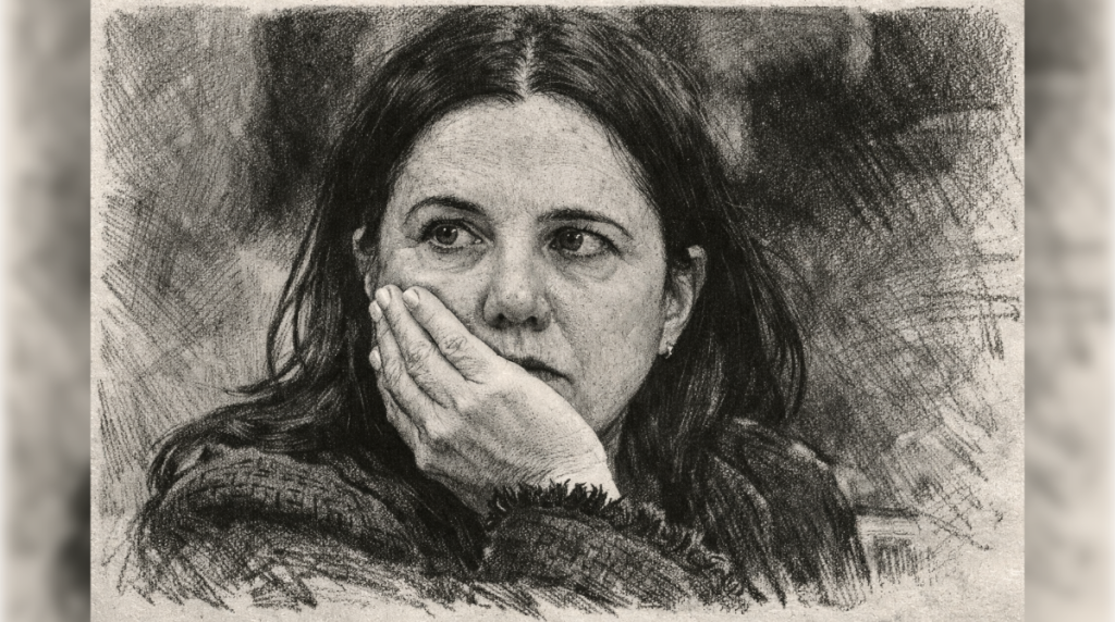 Retrato a carboncillo de Trinidad Steinert: mujer con expresión pensativa y la mano apoyada en la mejilla